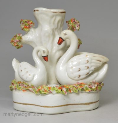 Staffordshire pottery swans spill vase, circa 1860