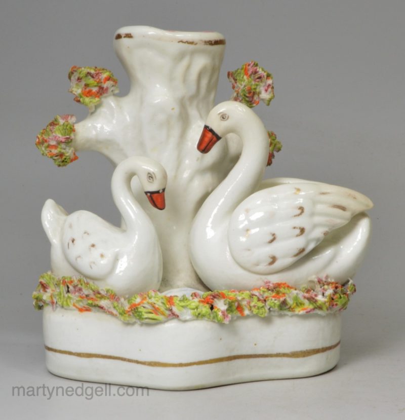 Staffordshire pottery swans spill vase, circa 1860
