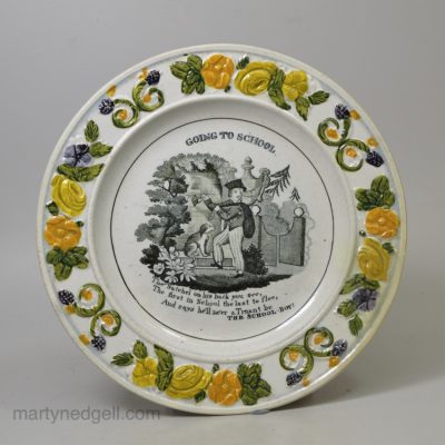 Prattware pottery child's plate 'GOING TO SCHOOL', circa 1820