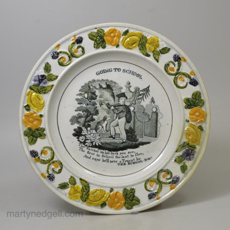 Prattware pottery child's plate 'GOING TO SCHOOL', circa 1820