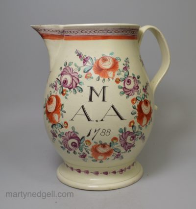 Large creamware pottery dated marriage jug, 1788