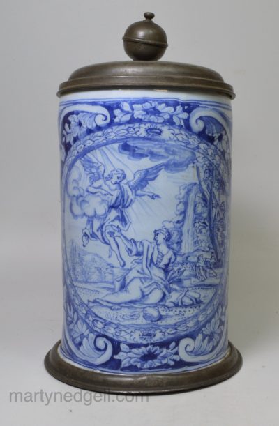 Large Dutch Delft tankard decorated with a biblical scene Hagar and Ishmael, circa 1750