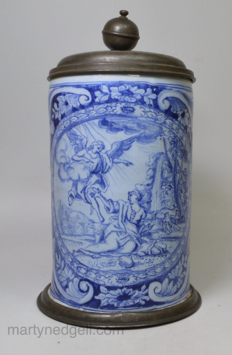 Large Dutch Delft tankard decorated with a biblical scene Hagar and Ishmael, circa 1750
