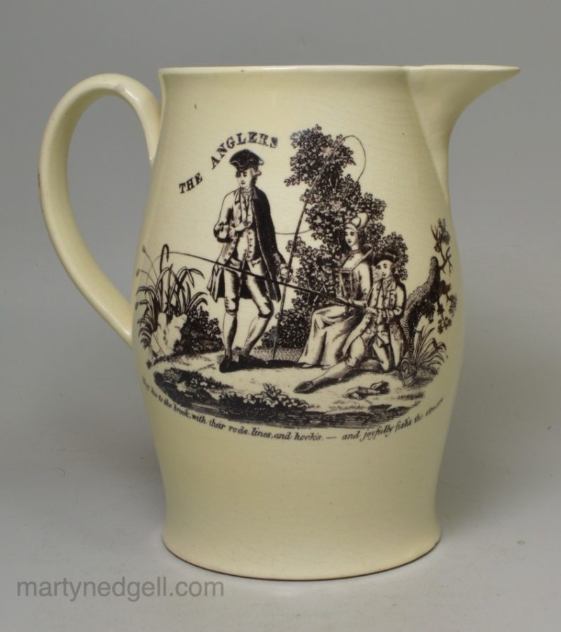 Creamware pottery jug decorated with prints 'THE ANGLERS' and 'The may-day of life is for pleasure', circa 1790