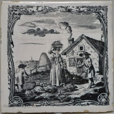 Liverpool delft tile decorated with a Sadler print of a farmyard scene, circa 1765
