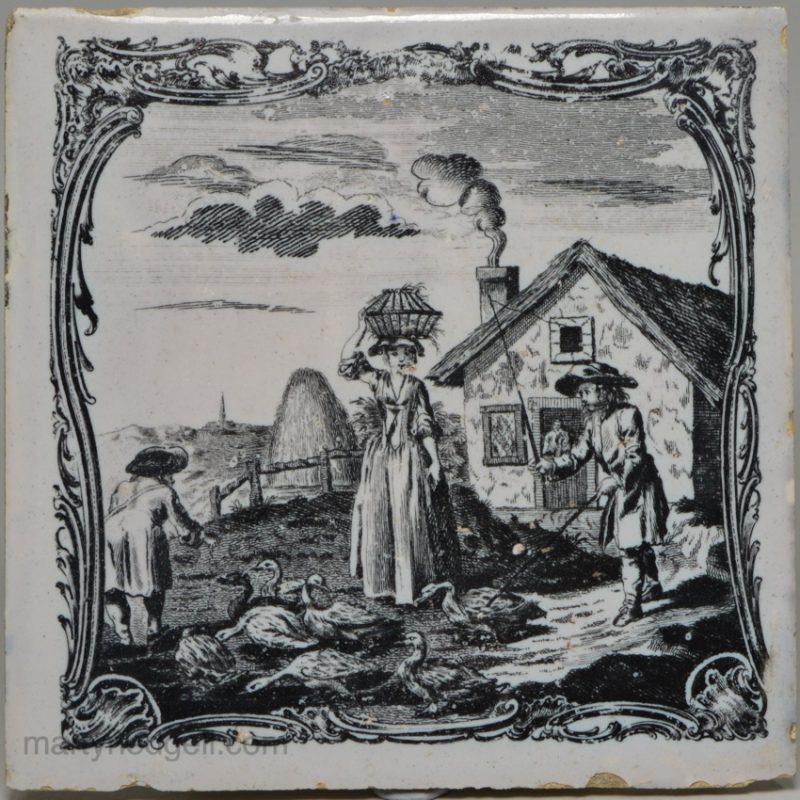 Liverpool delft tile decorated with a Sadler print of a farmyard scene, circa 1765