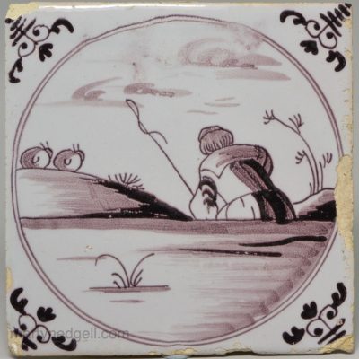 London delft tile painted in manganese, circa 1750
