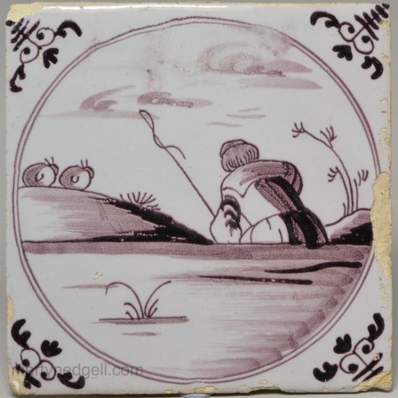 London delft tile painted in manganese, circa 1750