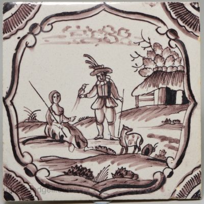 Liverpool delft biblical tile painted in manganese with a man with hawk, circa 1750