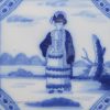 Liverpool delft tile painted in blue with a woman, circa 1760