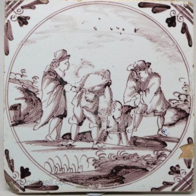 London delft biblical tile painted in manganese, Joseph put into a pit, circa 1750