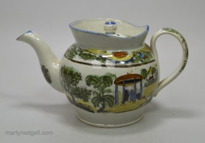 Pearlware pottery teapot decorated with Salopian type prints, circa 1820