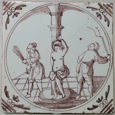 London delft biblical tile decorated with Christ being whipped, circa 1740