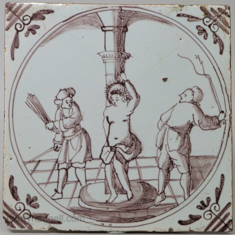 London delft biblical tile decorated with Christ being whipped, circa 1740