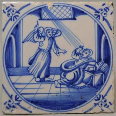 Dutch Delft biblical tile, an angel appears to Peter in chains, circa 1750