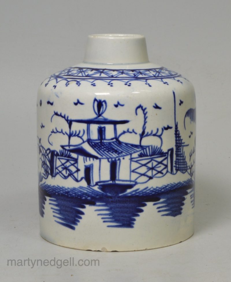 China glaze pottery tea canister decorated in blue under a pearlware glaze, circa 1800