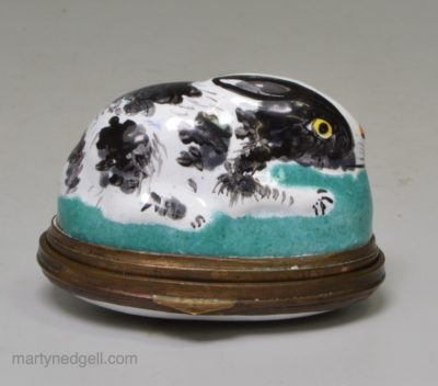 Bilston enamel rabbit patch box, circa 1780