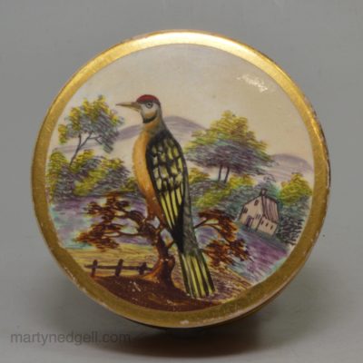 Pearlware pottery screw top snuff box decorated with a green woodpecker, circa 1790