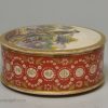 Pearlware pottery screw top snuff box decorated with a green woodpecker, circa 1790