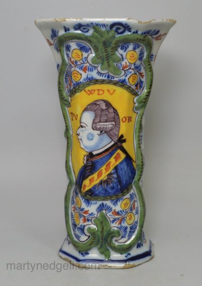 Dutch Delft vase painted with a portrait of William V, circa 1780, The White Star Pottery