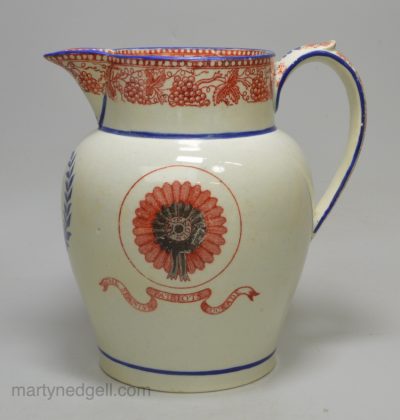 Pearlware pottery commemorative jug 'THE SPANISH PATRIOT COCKADE' , circa 1810