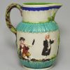Pearlware pottery jug moulded with the Vicar, Sexton and Clerk decorated with colours over the glaze, circa 1810