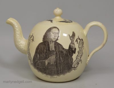 Wedgwood creamware pottery teapot decorated with a print of Wesley by Green of Liverpool, circa 1780