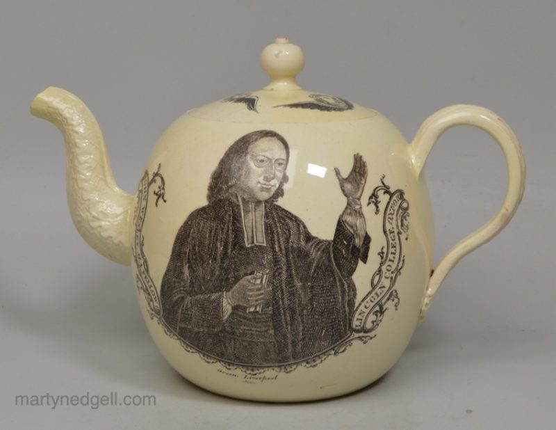 Wedgwood creamware pottery teapot decorated with a print of Wesley by Green of Liverpool, circa 1780