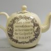 Wedgwood creamware pottery teapot decorated with a print of Wesley by Green of Liverpool, circa 1780