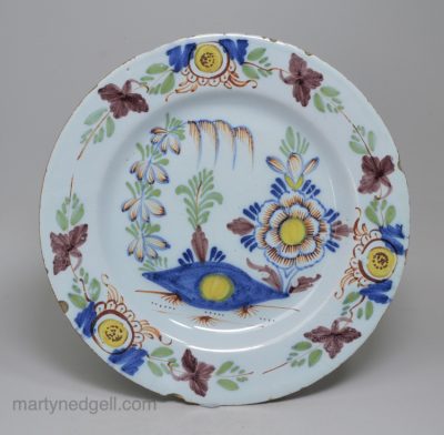 London delft polychrome plate, circa 1760