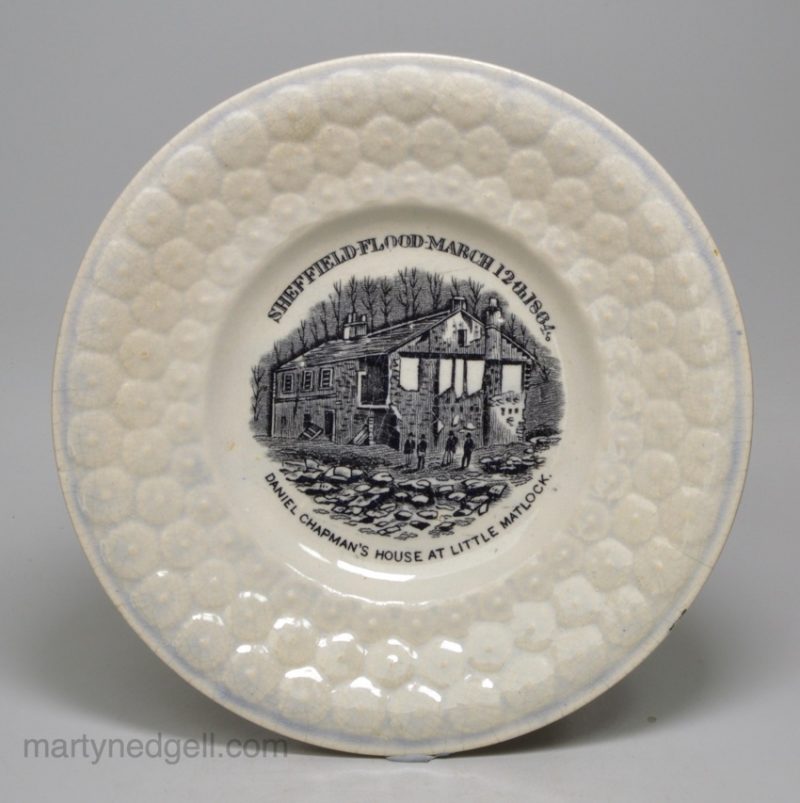 Commemorative pearlware pottery child's plate 'SHEFFIELD FLOOD MARCH 12th 1864'