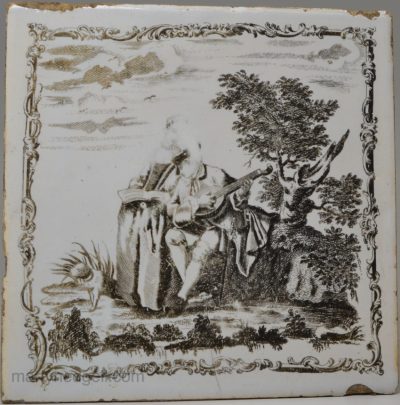 Liverpool Delft tile decorated with Sadler print, circa 1765