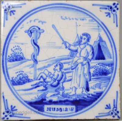 Dutch Delft biblical tile, Moses and the brazen serpent, circa 1800