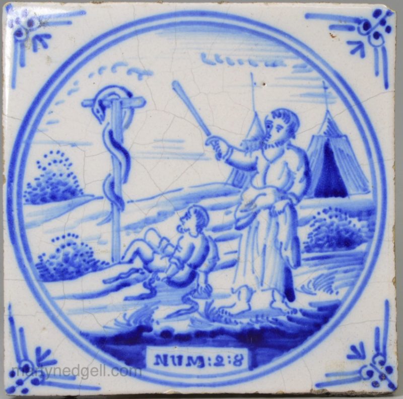 Dutch Delft biblical tile, Moses and the brazen serpent, circa 1800