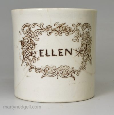 Pottery child's mug 'ELLEN', circa 1870