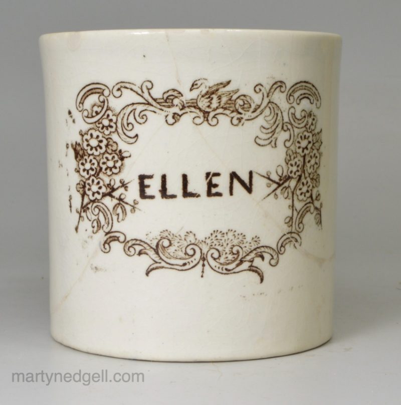 Pottery child's mug 'ELLEN', circa 1870