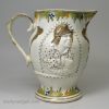 Prattware pottery jug moulded with the Miser and the Spendthrift, circa 1820
