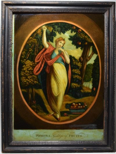 Reverse print on glass 'POMONA, Goddess of FRUITS', published June 4th 1800 by J Stampa