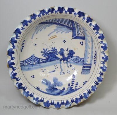 Brislington delft shallow bowl decorated with jumping boy, circa 1690