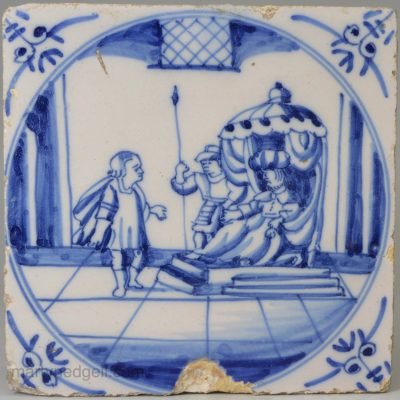 Dutch Delft biblical tile, Moses before Pharaoh, circa 1750