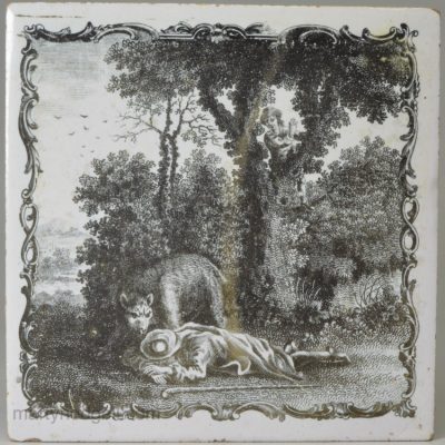 Liverpool delft tile decorated with a Sadler print of 2 travellers and a bear, circa 1770