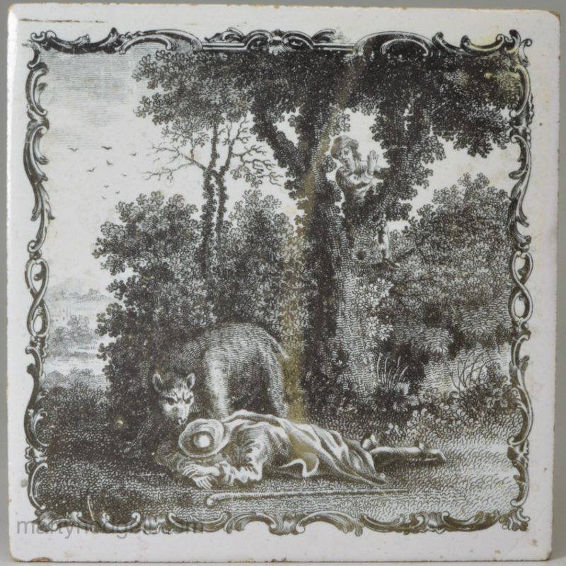 Liverpool delft tile decorated with a Sadler print of 2 travellers and a bear, circa 1770
