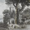 Liverpool delft tile decorated with a Sadler print of 2 travellers and a bear, circa 1770