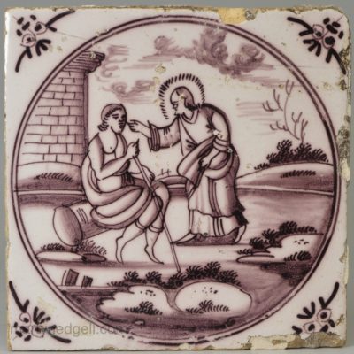 Dutch Delft biblical tile, Christ healing a blind man, circa 1740