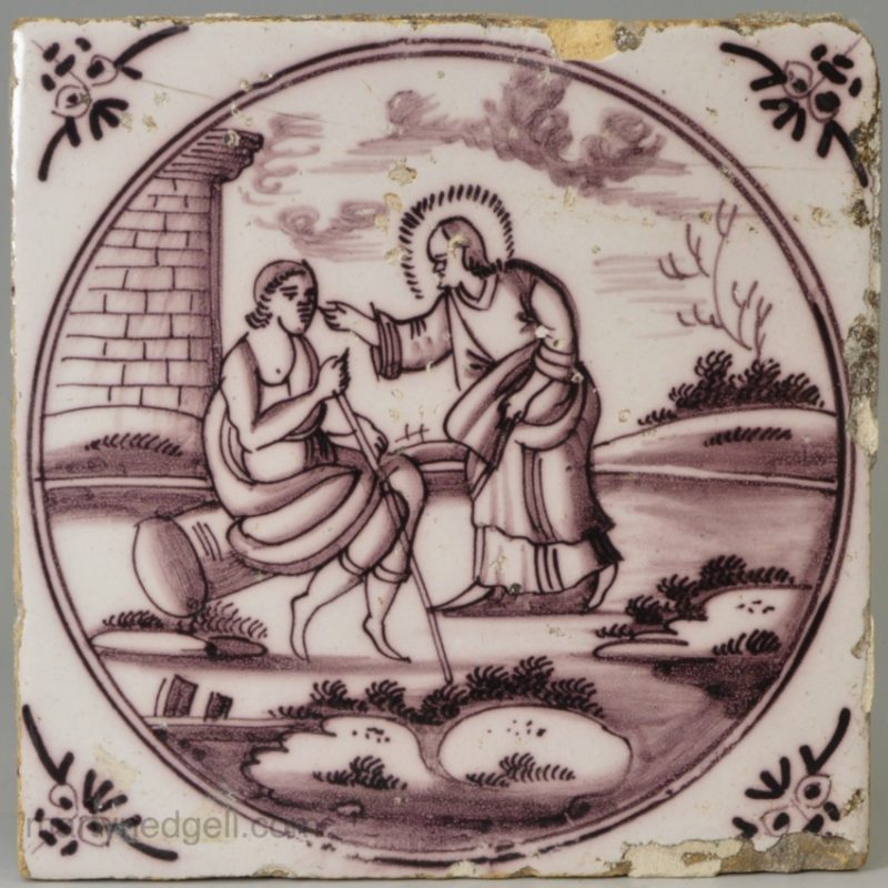 Dutch Delft biblical tile, Christ healing a blind man, circa 1740