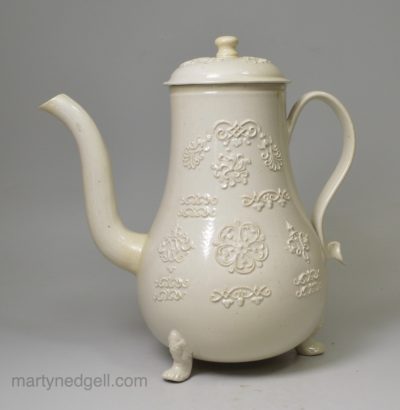 Staffordshire white saltglaze stoneware coffee pot, circa 1760