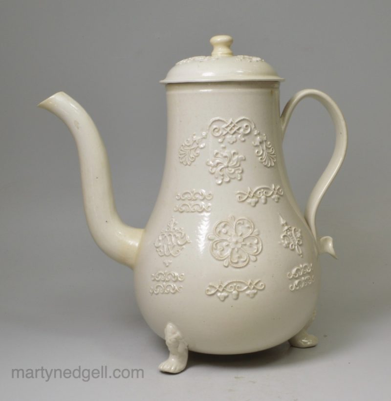Staffordshire white saltglaze stoneware coffee pot, circa 1760