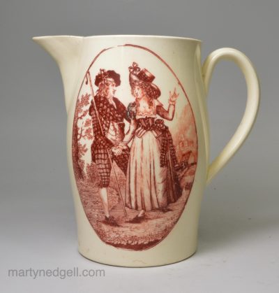 Creamware pottery jug decorated with a red print of a Scotsman and his Lass and 'THE BATCHELOR'S WISH', circa 1790