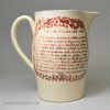 Creamware pottery jug decorated with a red print of a Scotsman and his Lass and 'THE BATCHELOR'S WISH', circa 1790