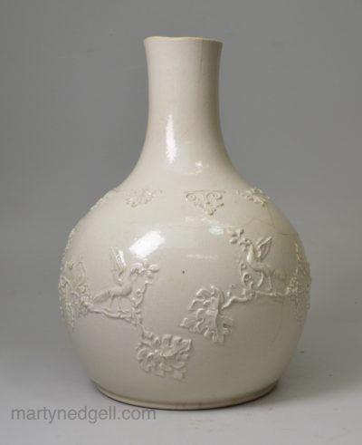 Staffordshire white saltglaze stoneware water bottle, circa 1760